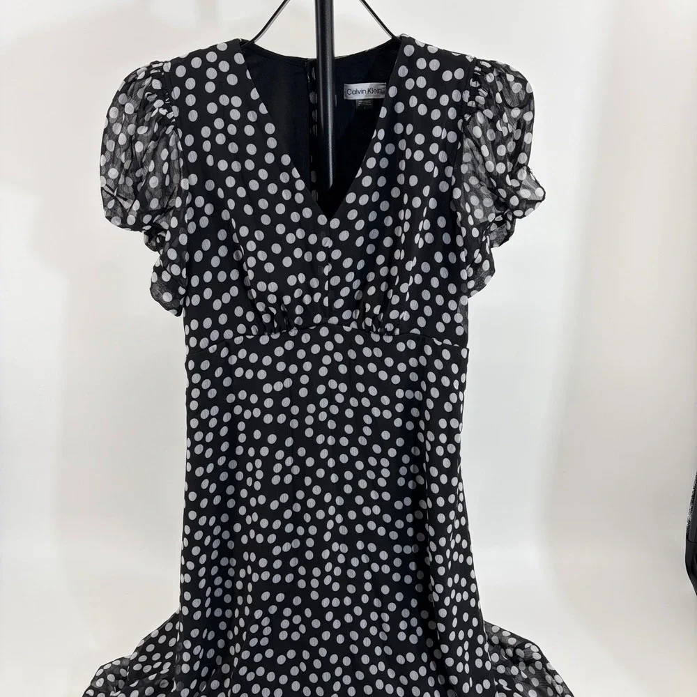 Calvin Klein Black White Polka Dot V-Neck Puff Sleeve Chiffon Dress Size 4
